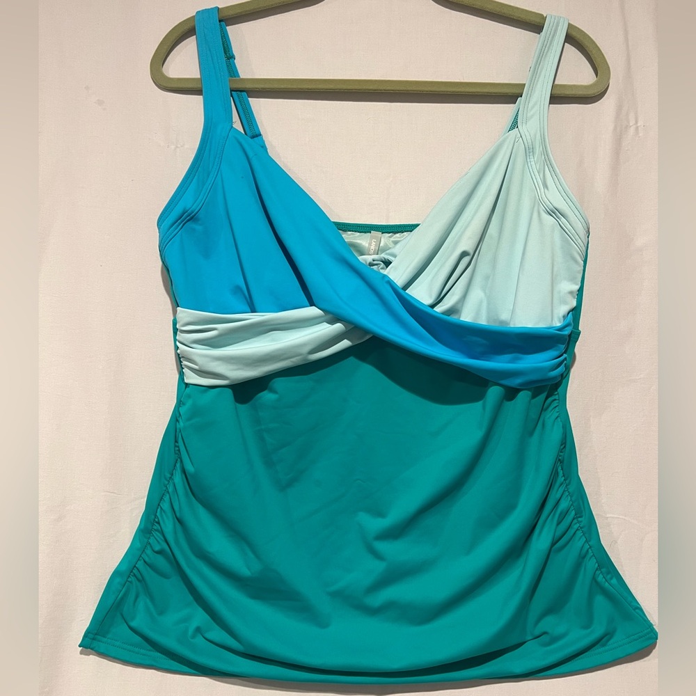 Lands’ End Teal Blue Tankini Top Size 14 Ruched Swim Beach Resort Coastal